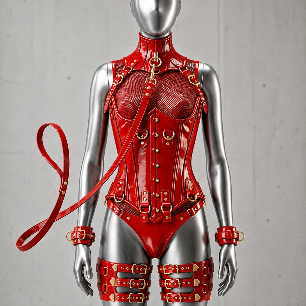PVC - UnderBust Corset with Leash and Handcuffs- Emb1010
