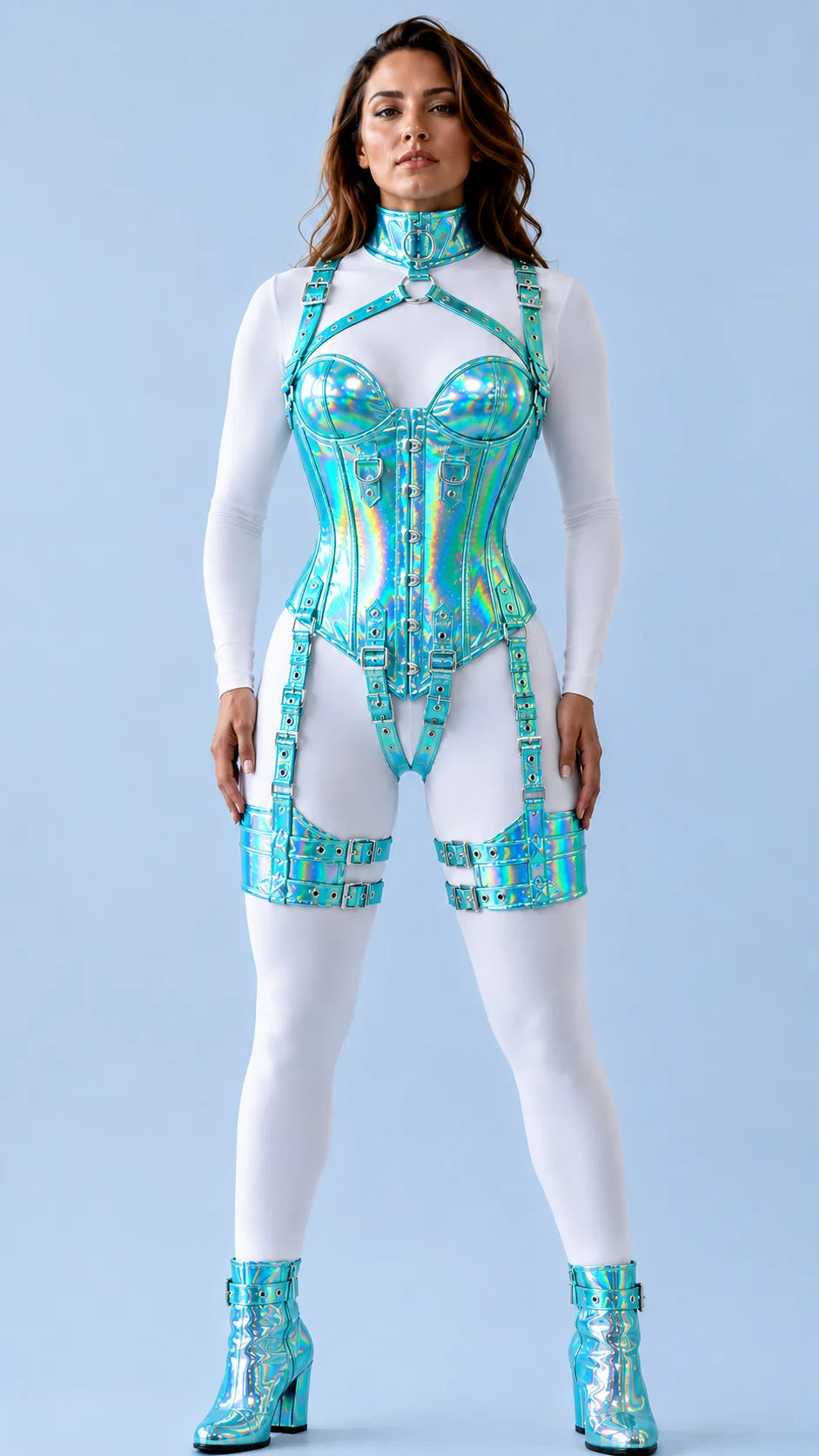 HoloGraphic PVC- Leather OverBust Corset Set-Emb1020