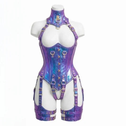 HOLOGRAPHIC PVC Leather UnderBust Corset Set-Emb1019