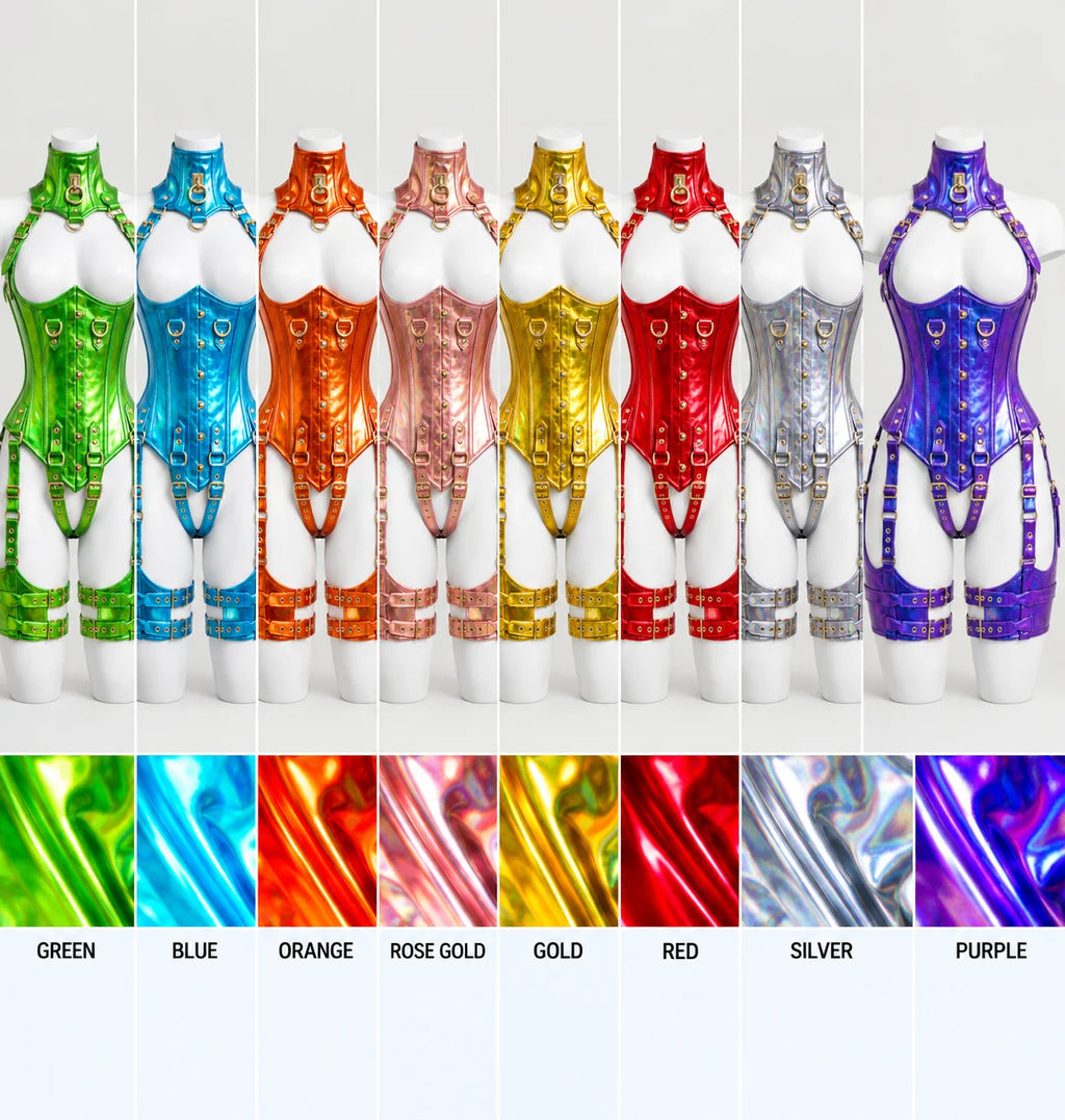 HOLOGRAPHIC PVC Leather UnderBust Corset Set-Emb1019
