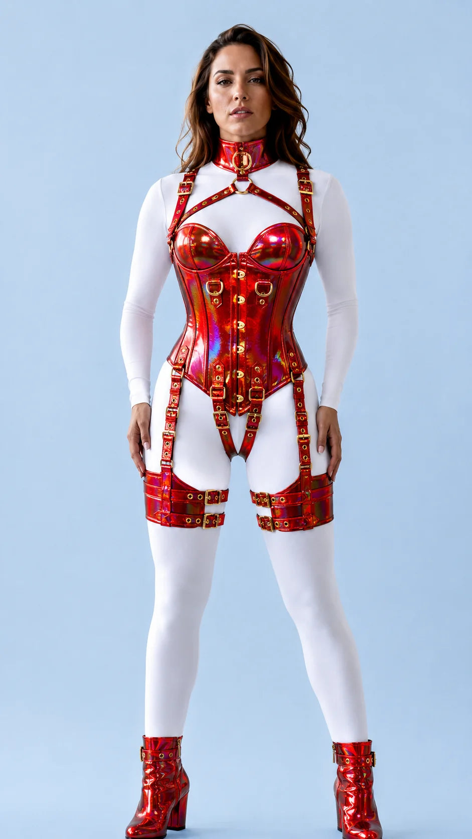 HoloGraphic PVC- Leather OverBust Corset Set-Emb1020