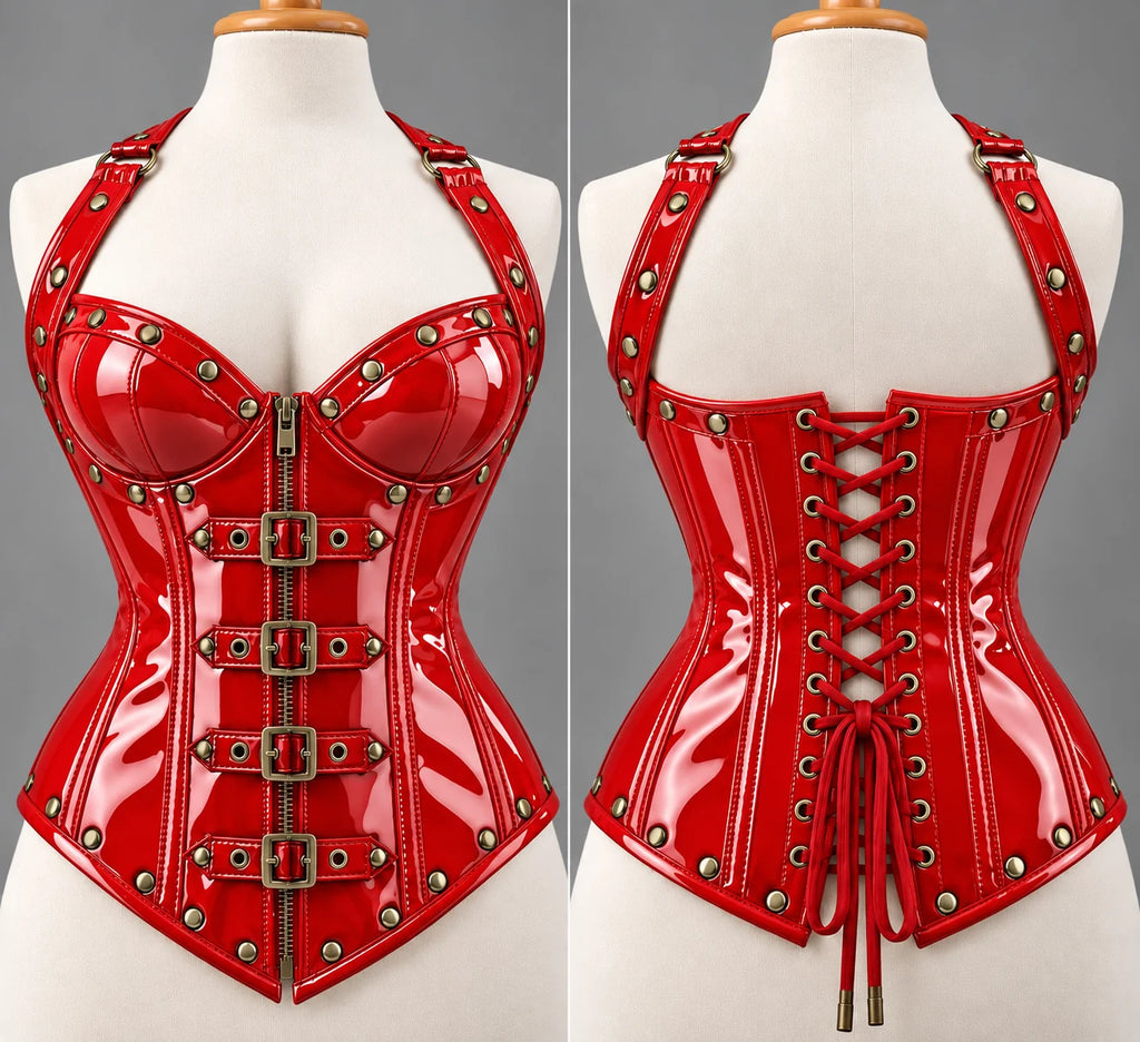 PVC Leather Corset – Front Zip OverBust Waist Shaper- Emb1015