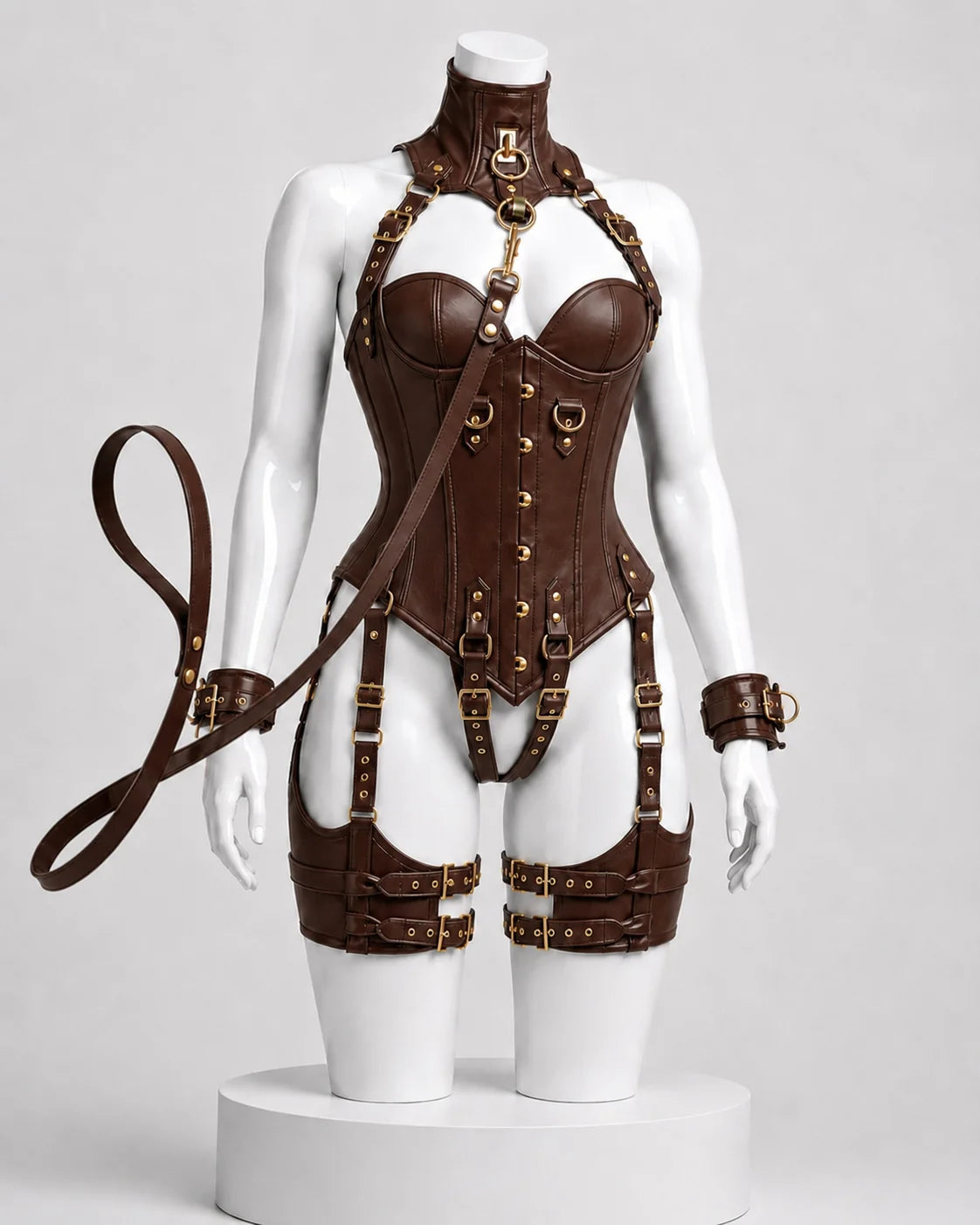 Leather Corset OverBust Set With Leash & Handcuffs Set-Emb1021