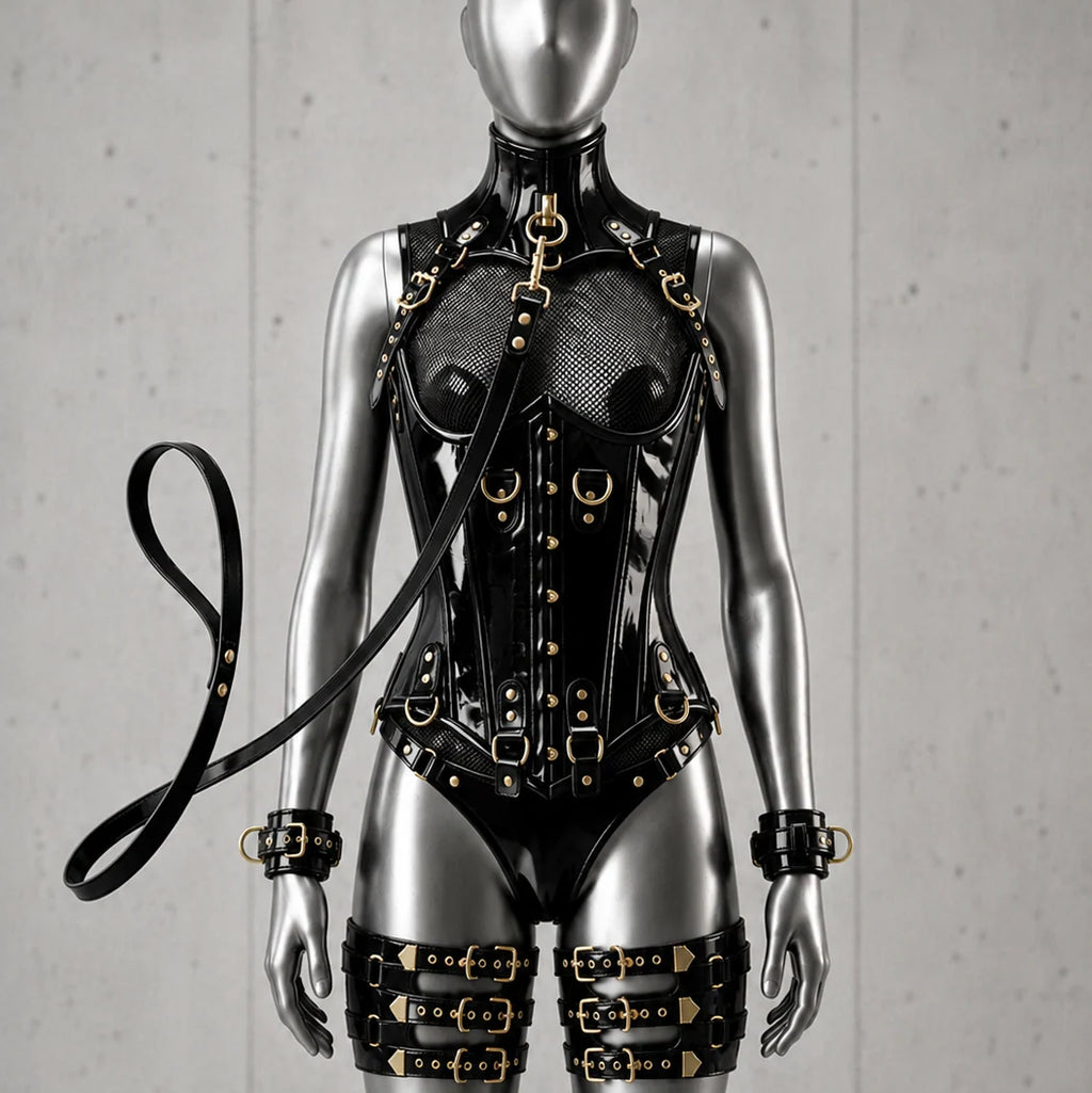 PVC - UnderBust Corset with Leash and Handcuffs- Emb1010