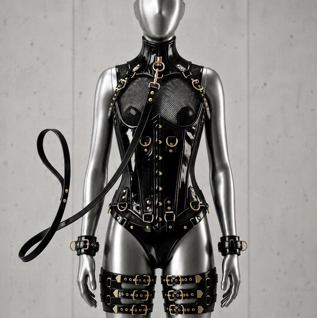 PVC - UnderBust Corset with Leash and Handcuffs- Emb1010