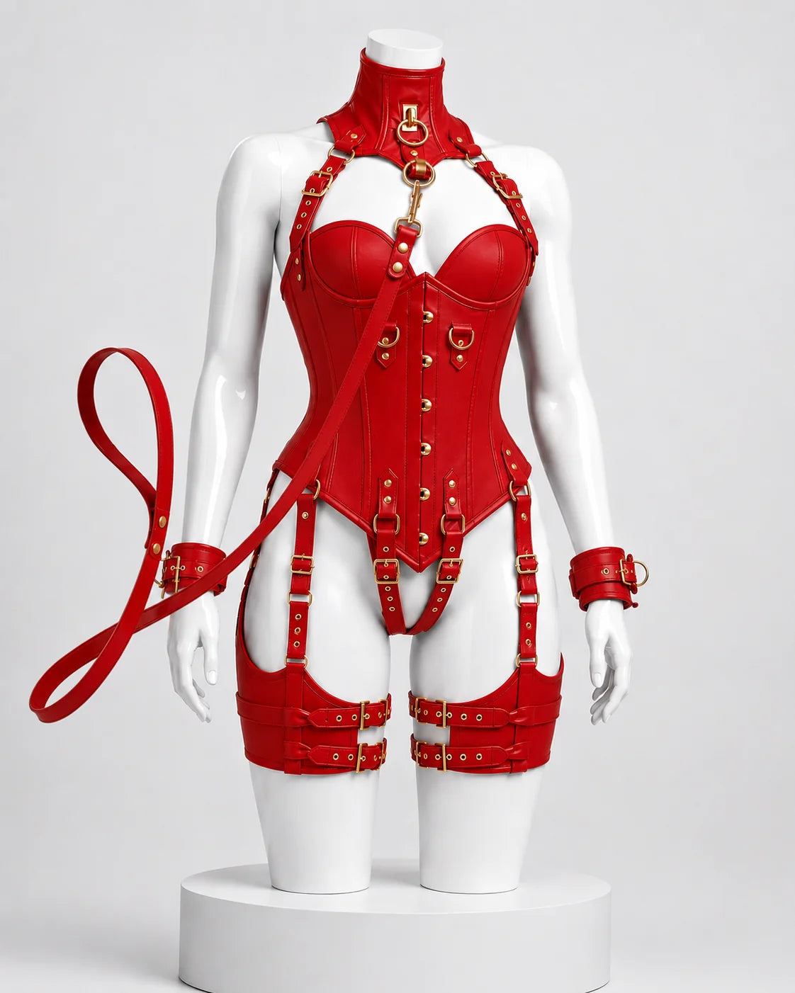 Leather Corset OverBust Set With Leash & Handcuffs Set-Emb1021