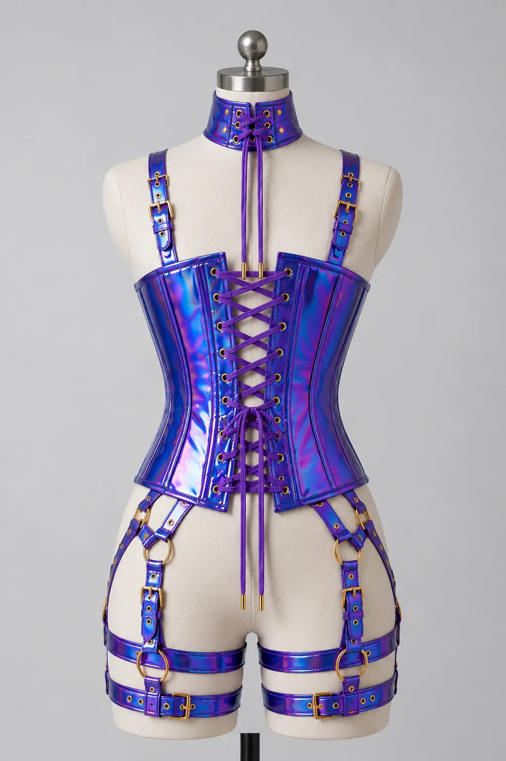 HOLOGRAPHIC PVC Leather UnderBust Corset Set-Emb1019