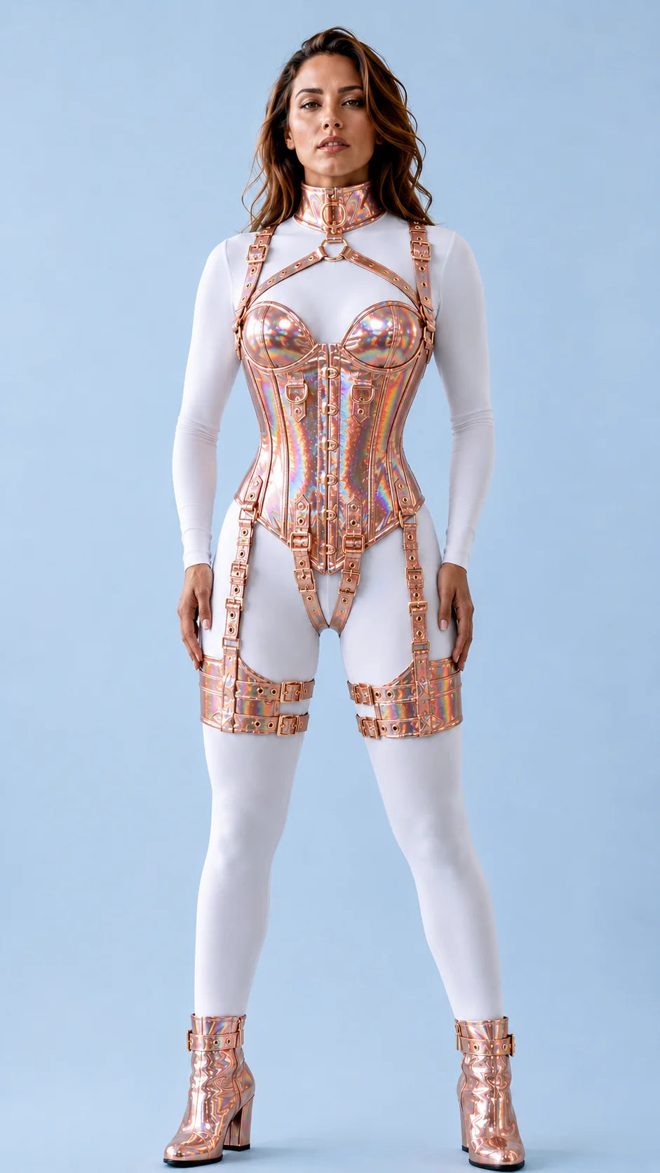 HoloGraphic PVC- Leather OverBust Corset Set-Emb1020