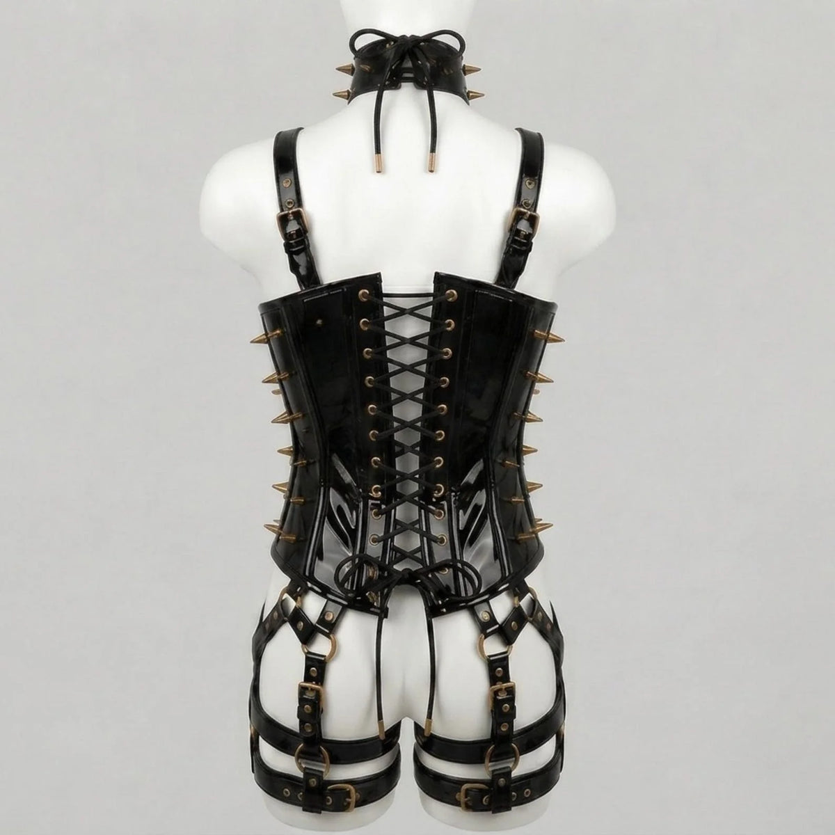 Zipper- Pvc Leather Corset with Studs- Emb1012