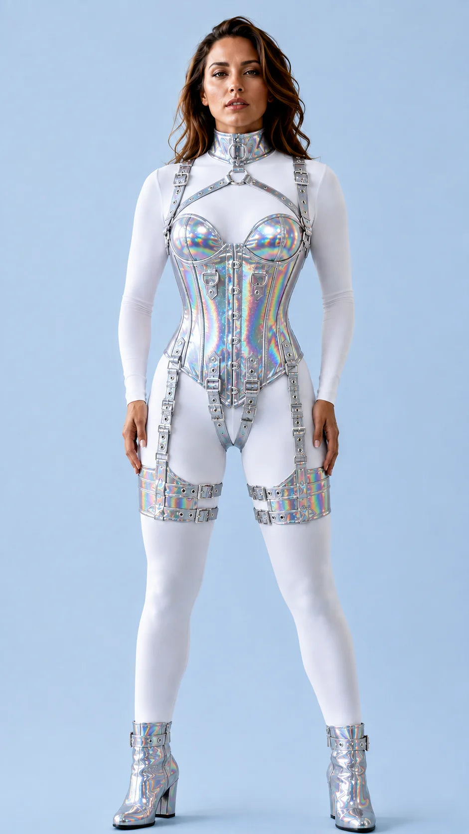 HoloGraphic PVC- Leather OverBust Corset Set-Emb1020