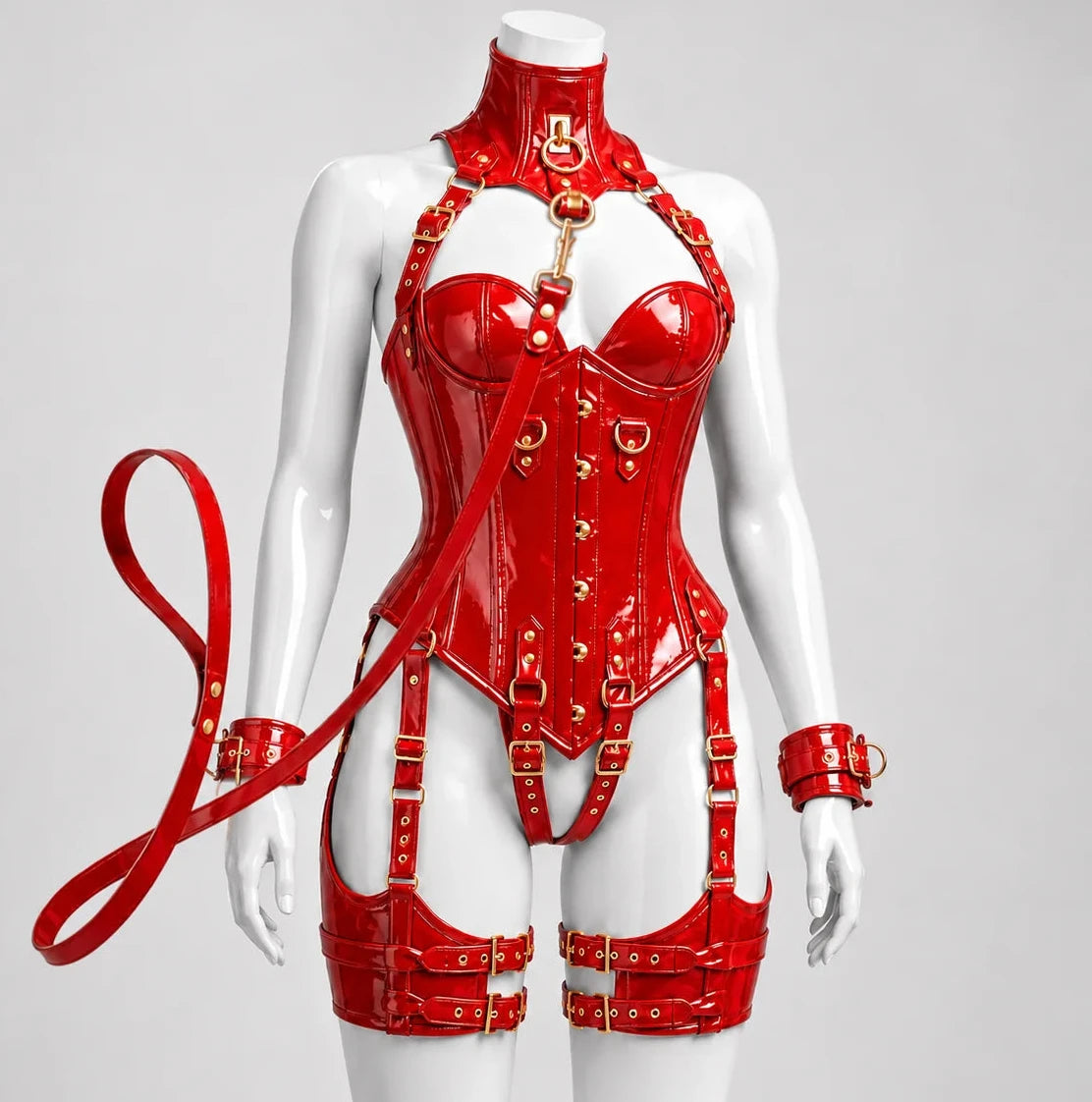 PVC - OverBust Corset with Leash and Handcuffs- Emb1009