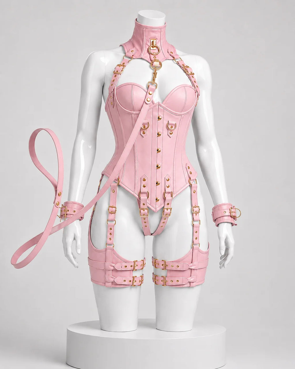 Leather Corset OverBust Set With Leash & Handcuffs Set-Emb1021