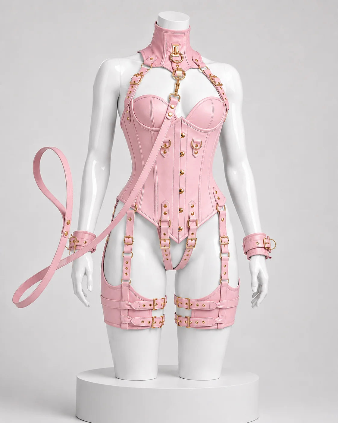 Leather Corset OverBust Set With Leash & Handcuffs Set-Emb1021