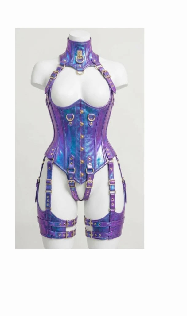 HOLOGRAPHIC PVC Leather UnderBust Corset Set-Emb1019