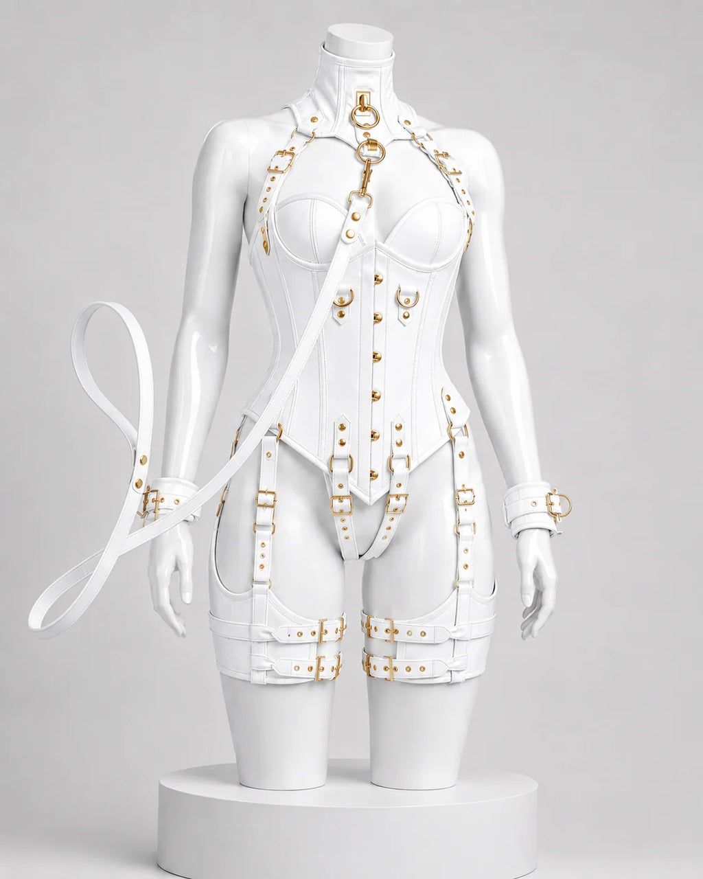 Leather Corset OverBust Set With Leash & Handcuffs Set-Emb1021