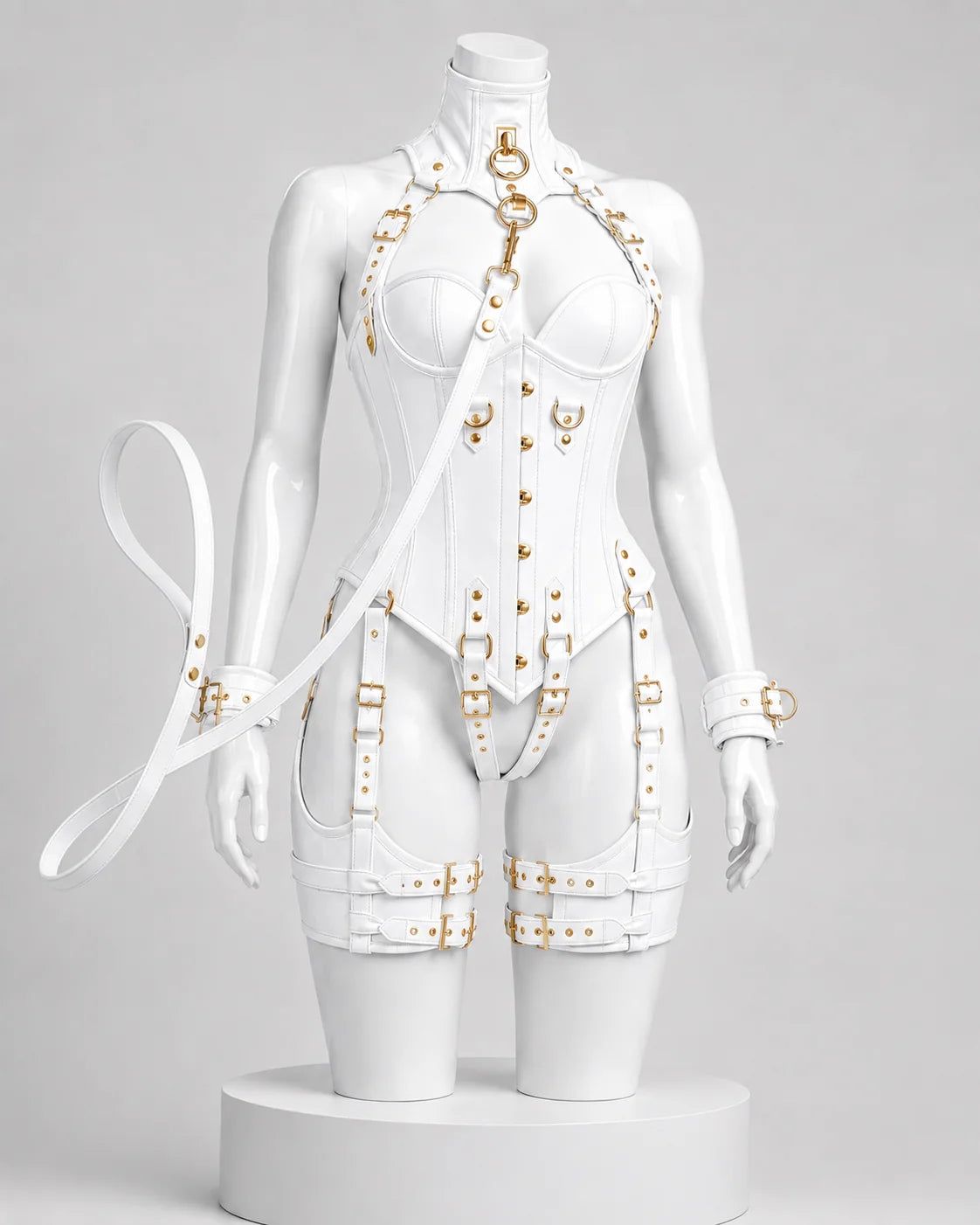 Leather Corset OverBust Set With Leash & Handcuffs Set-Emb1021