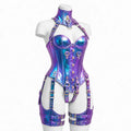 HoloGraphic PVC- Leather OverBust Corset Set-Emb1020