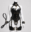 Leather Corset OverBust Set With Leash & Handcuffs Set-Emb1021
